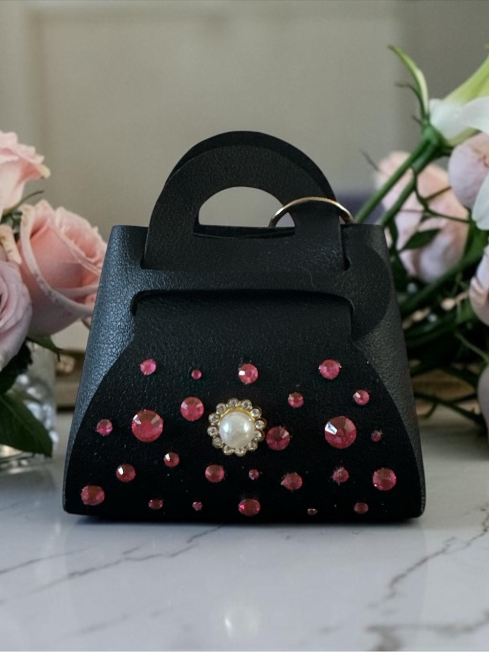 Handcrafted Black Faux Leather Mini Bag Keychain with Pearl & Rhinestones NWOT